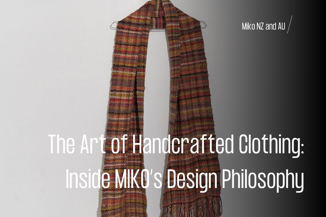 Artisan creating MIKO handcrafted organic cotton dress, symbolizing sustainable luxury fashion in New Zealand and Australia