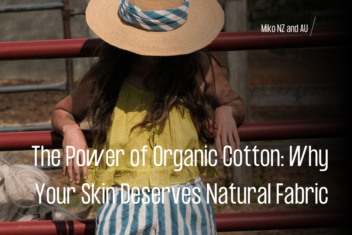 Model wearing MIKO organic cotton dress, representing natural sustainable fashion in New Zealand and Australia