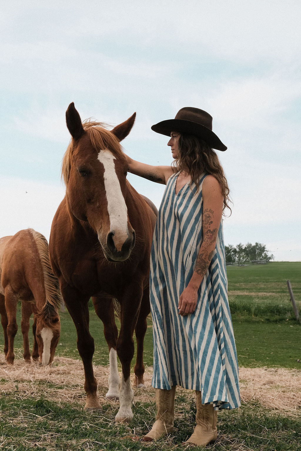 Sleeveless blue & white striped, hand woven cotton dress. The A-line silhouette and midi length at the charm to the dress. It has a V-neck adding the feminine touch to the bespoke piece.
