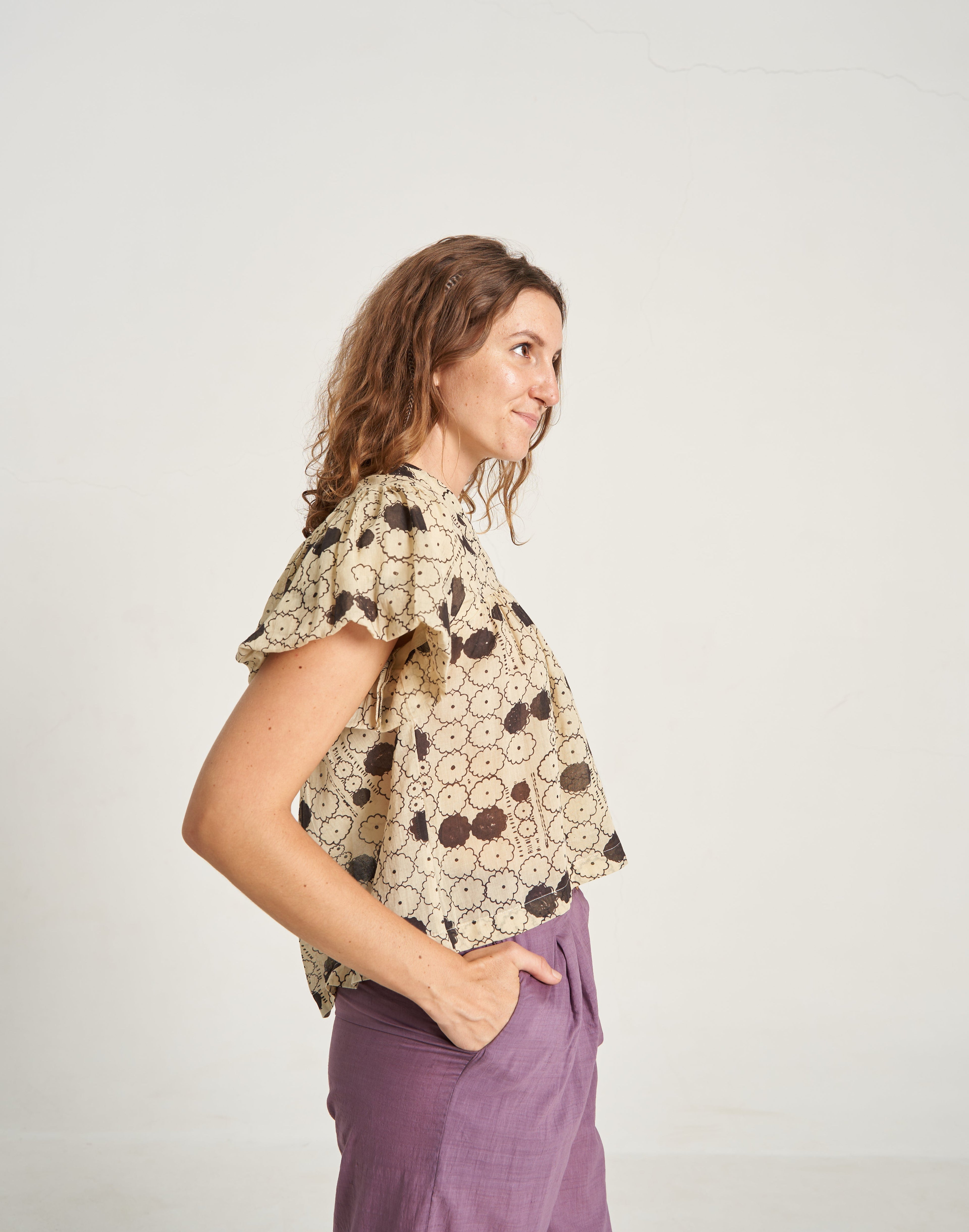 Buy Hand Woven Cotton Floral Puff Short Sleeve Top for Women At World of Crow