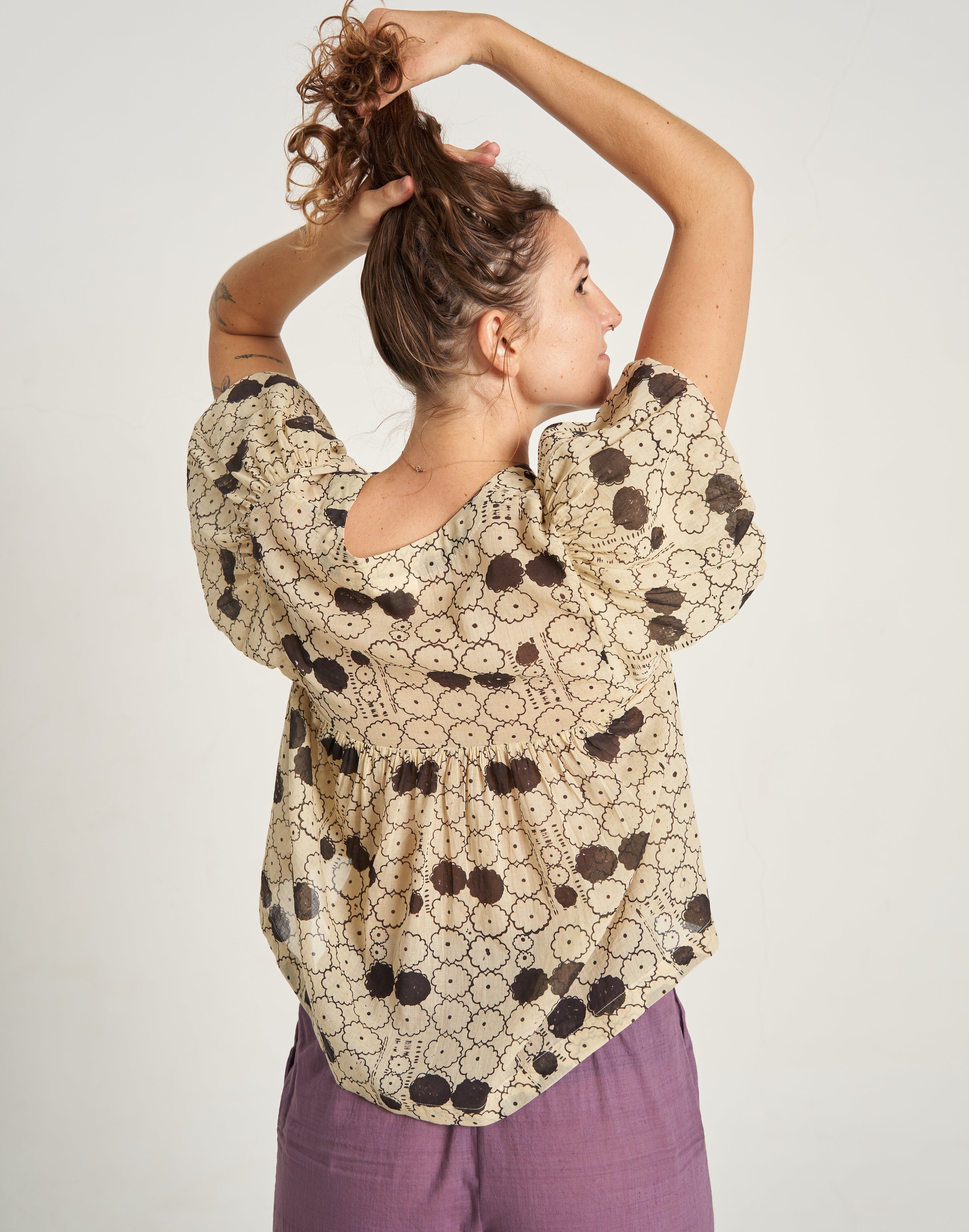 Floral Puff Short Sleeve Summer Top for Women