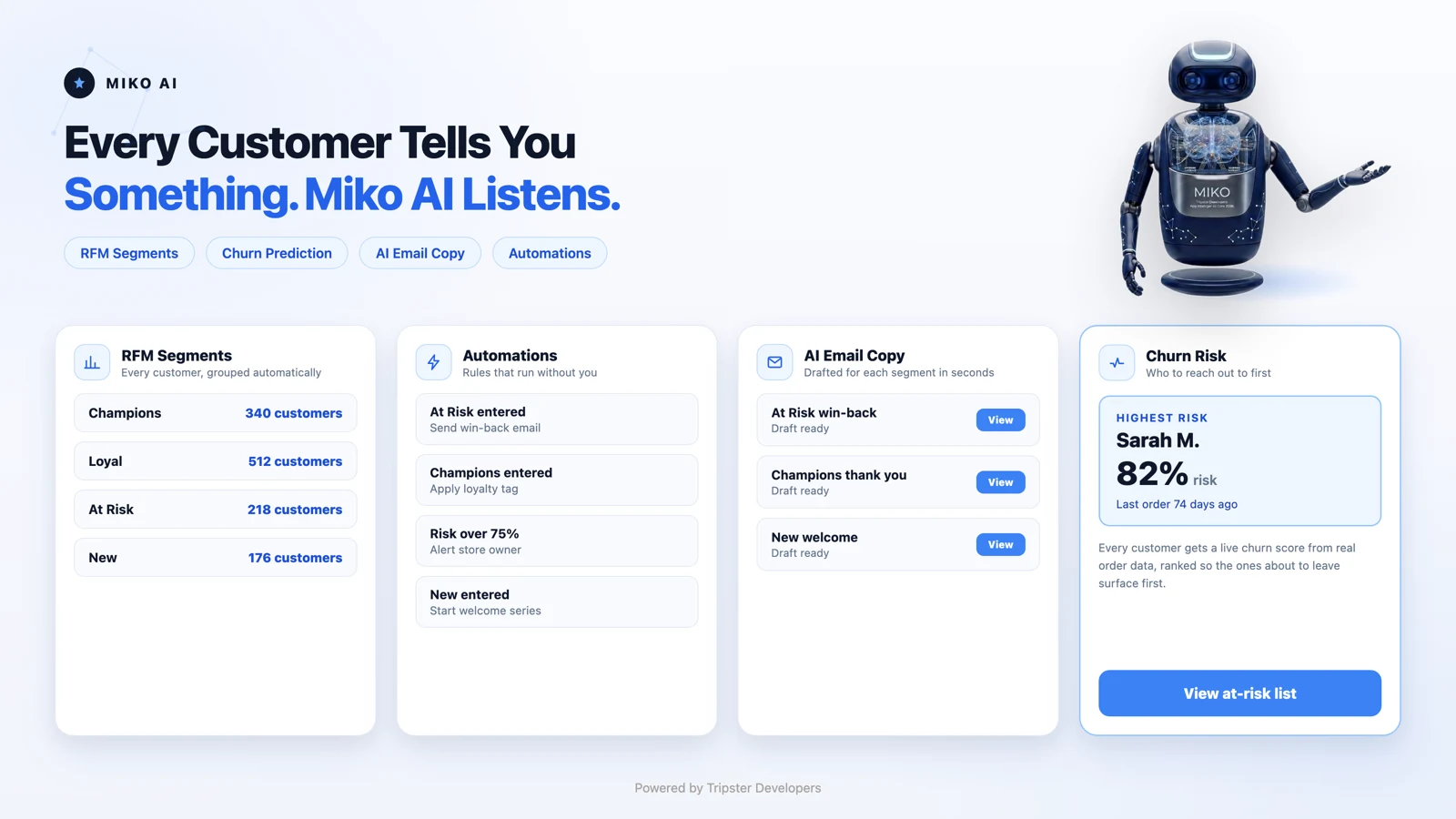 Miko Claude AI, RFM customer segments and churn prediction inside the Shopify admin