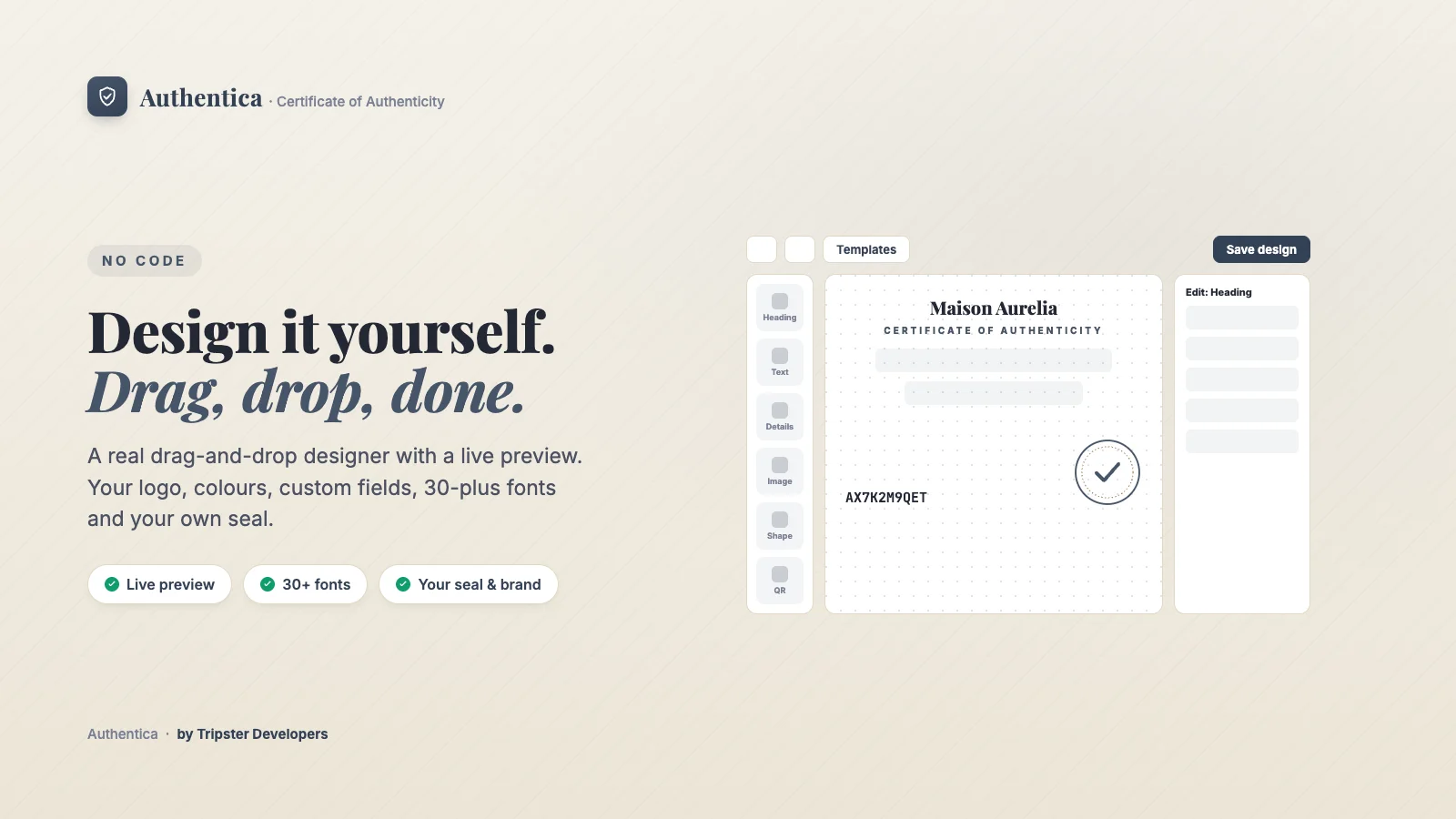 The Authentica drag-and-drop certificate designer with a live preview