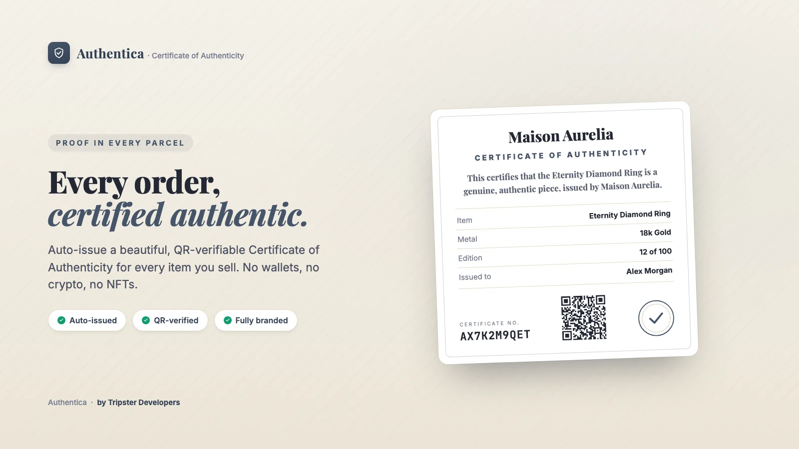 An Authentica Certificate of Authenticity with a QR code and seal for an order