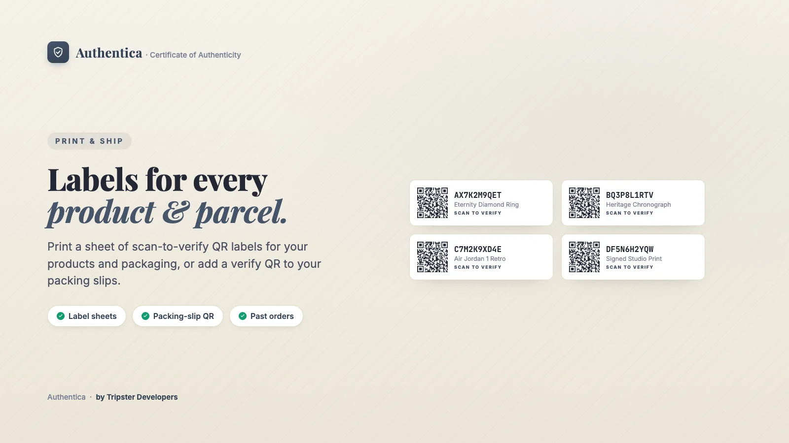 Printable Authentica QR verify labels for products and packaging