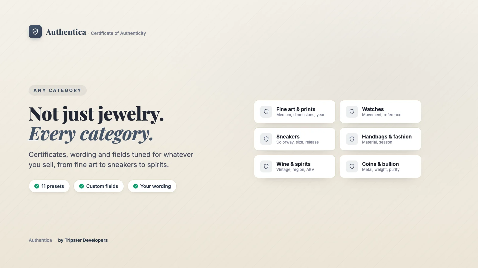 Authentica certificate presets for jewelry, watches, sneakers and more niches