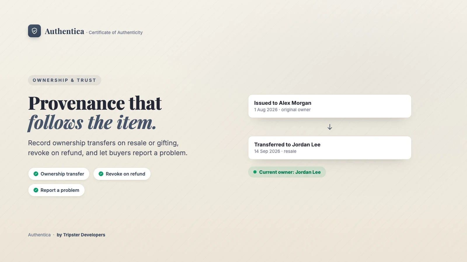 Ownership transfer and provenance trail on an Authentica certificate