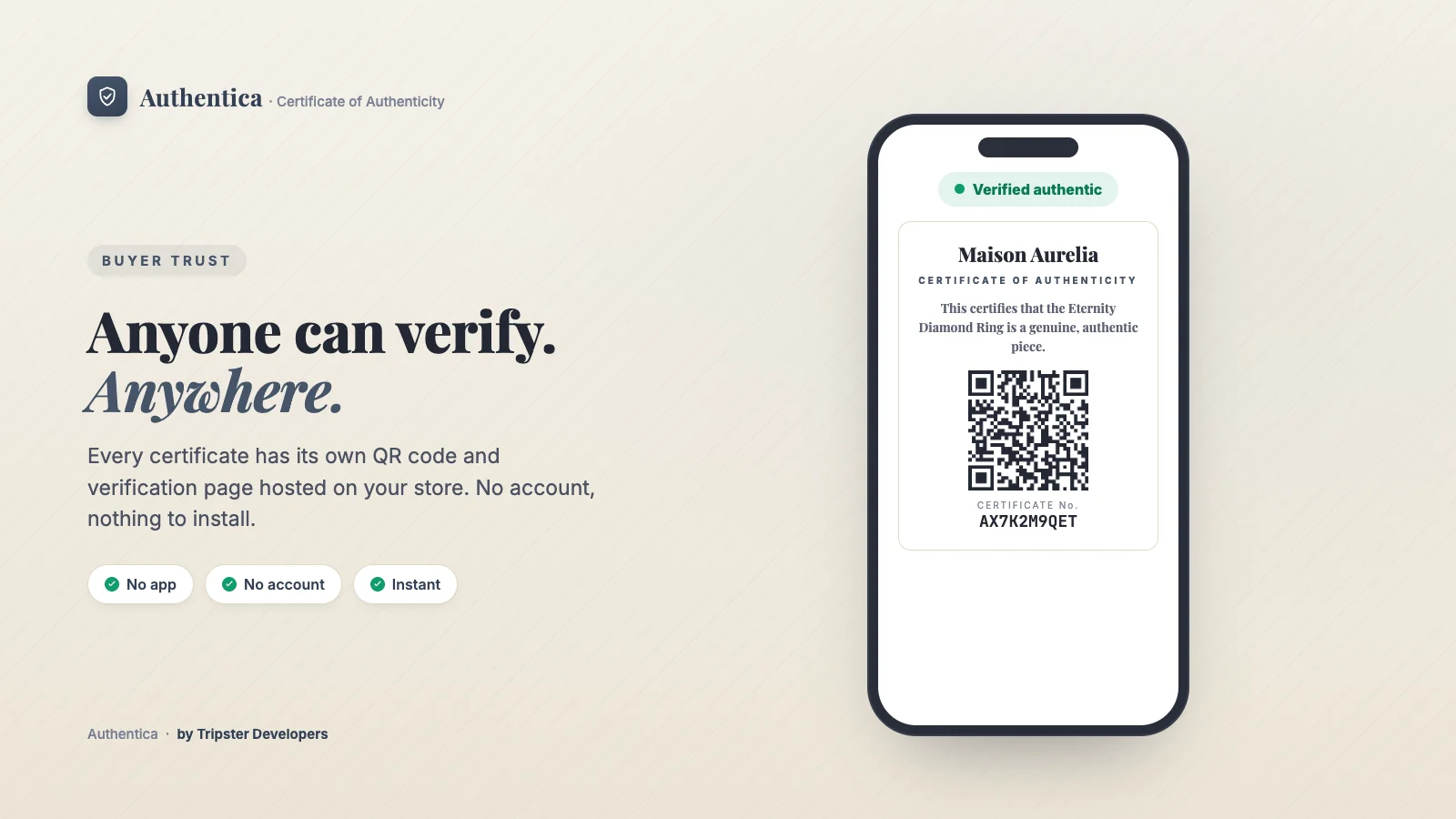A buyer verifying an Authentica certificate by QR code on a phone