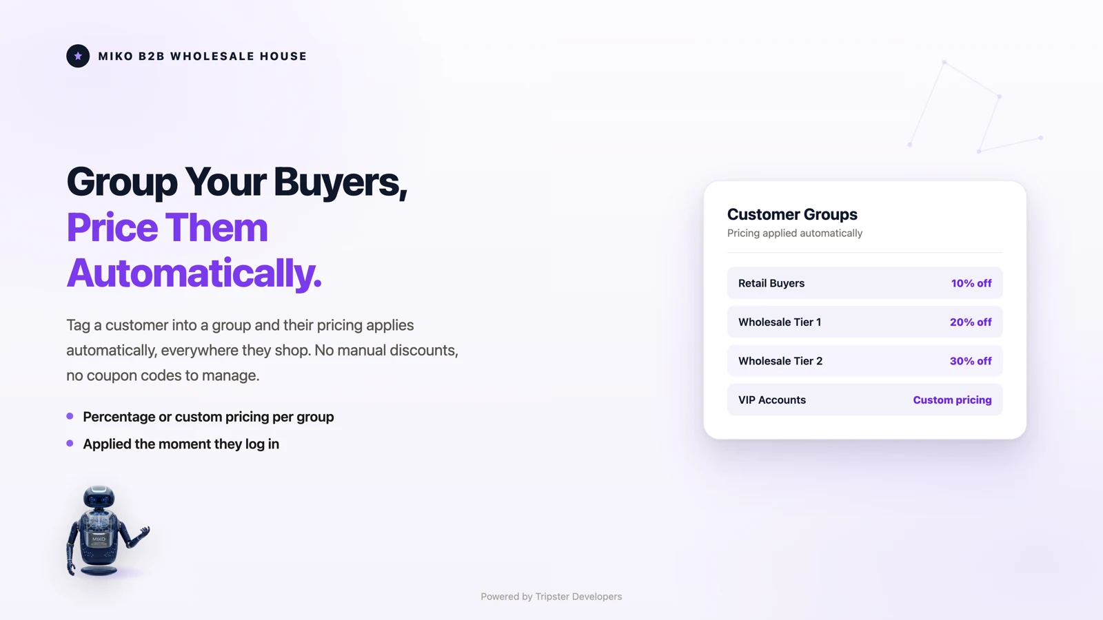 Miko B2B Wholesale House, wholesale customer groups with automatic tag-based pricing