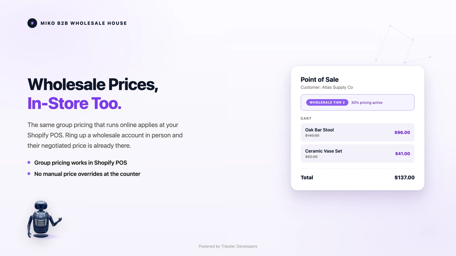 Miko B2B Wholesale House, wholesale pricing in Shopify POS for in-person trade orders