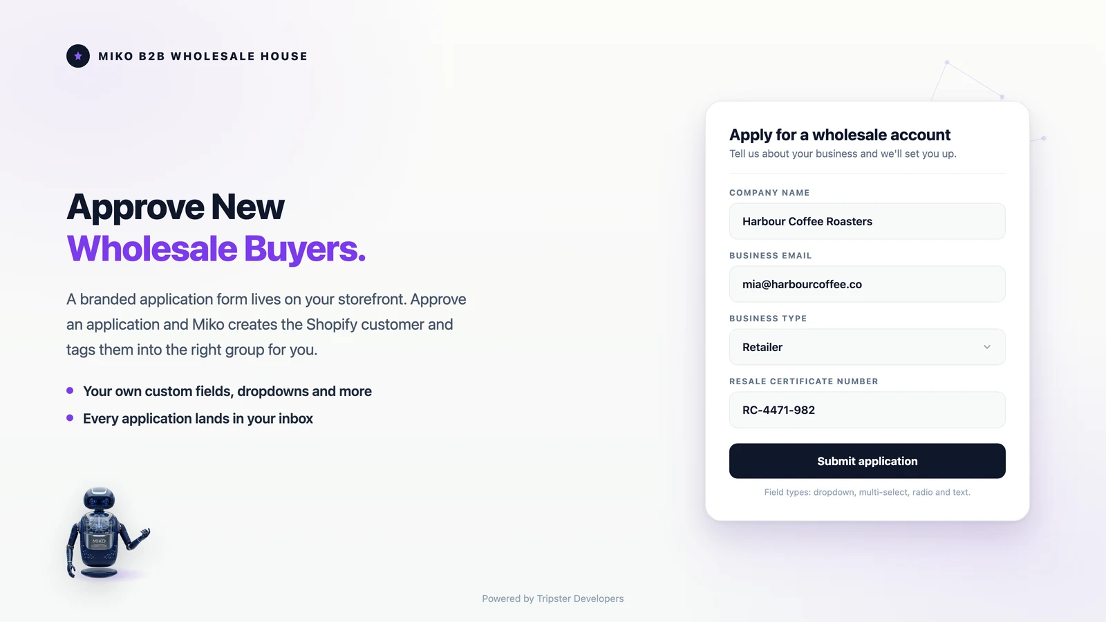 Miko B2B Wholesale House, a wholesale account application form that matches your theme