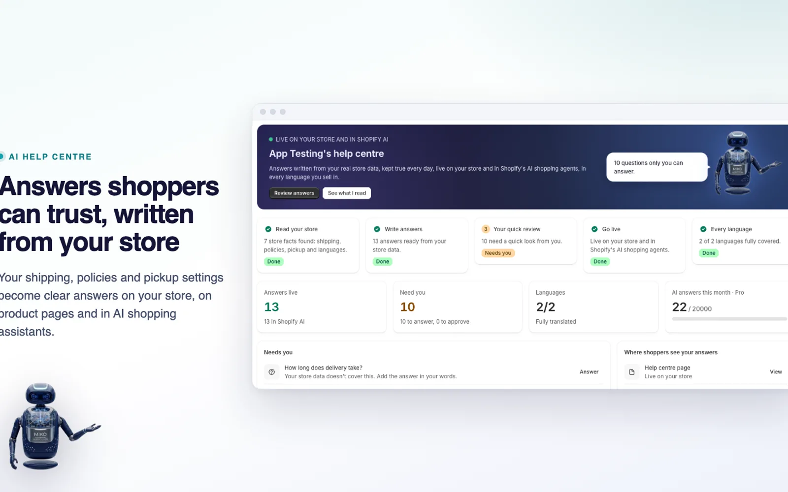 Miko AI Help Center and FAQ showing the generated help centre page and product FAQ answers