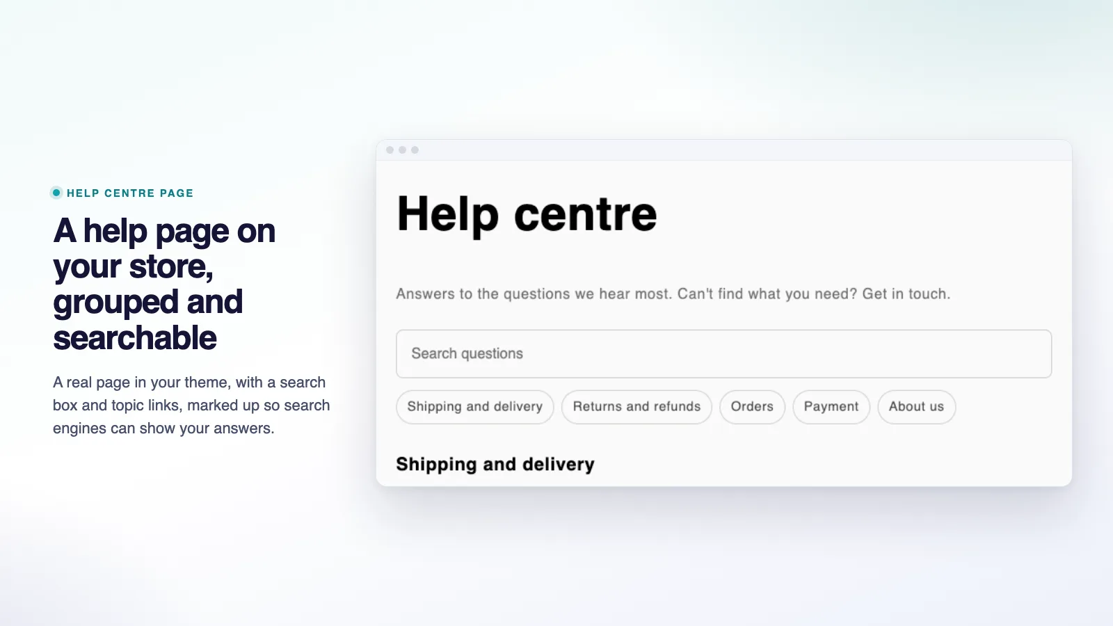 A Miko AI Help Center page showing questions grouped by topic, styled to match the store theme