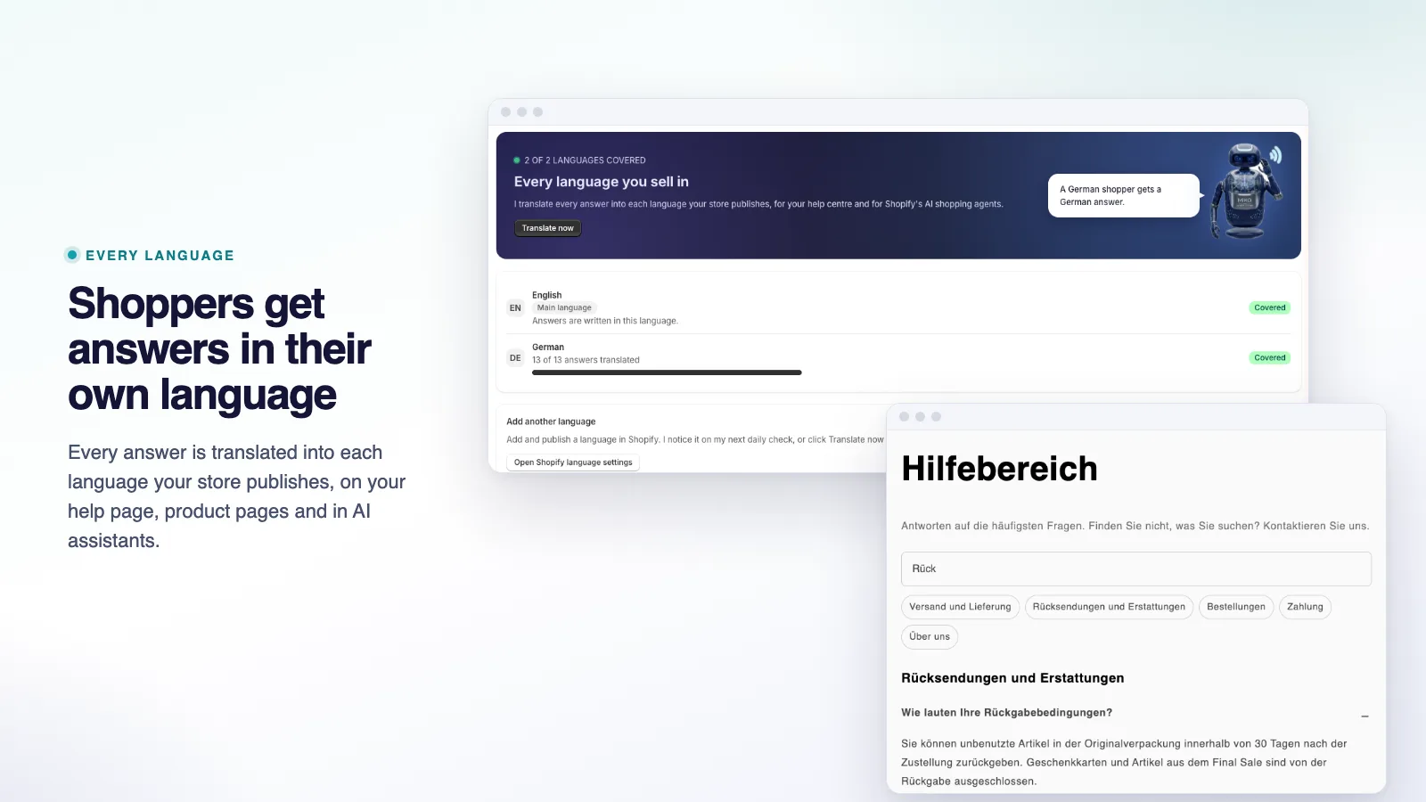 Miko AI Help Center language settings showing answers available in multiple storefront languages