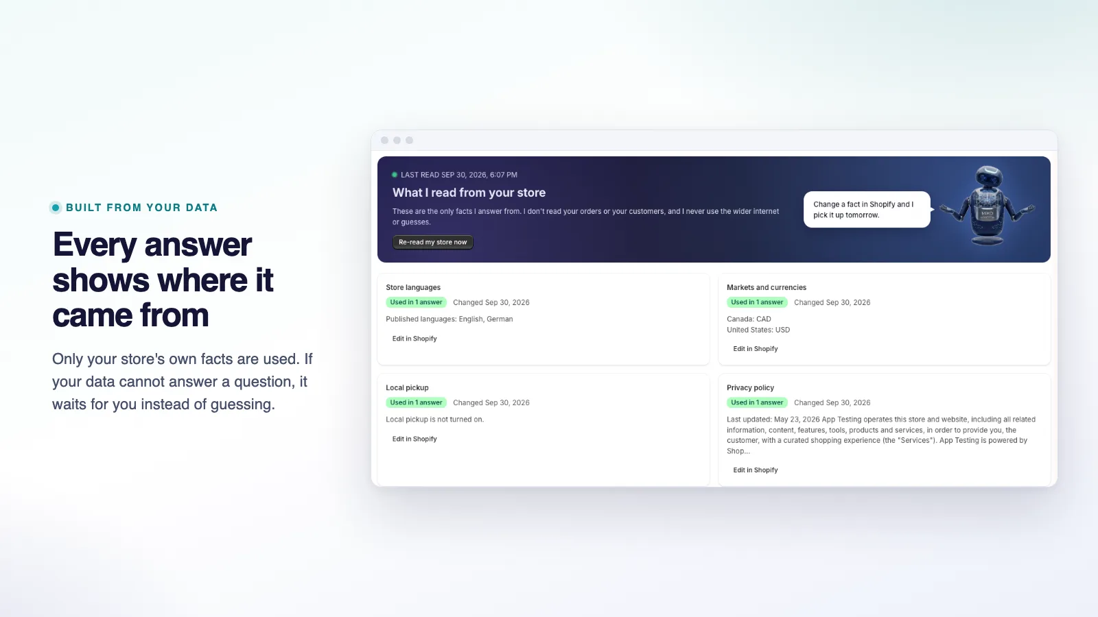Miko AI Help Center showing the store data source behind a generated answer