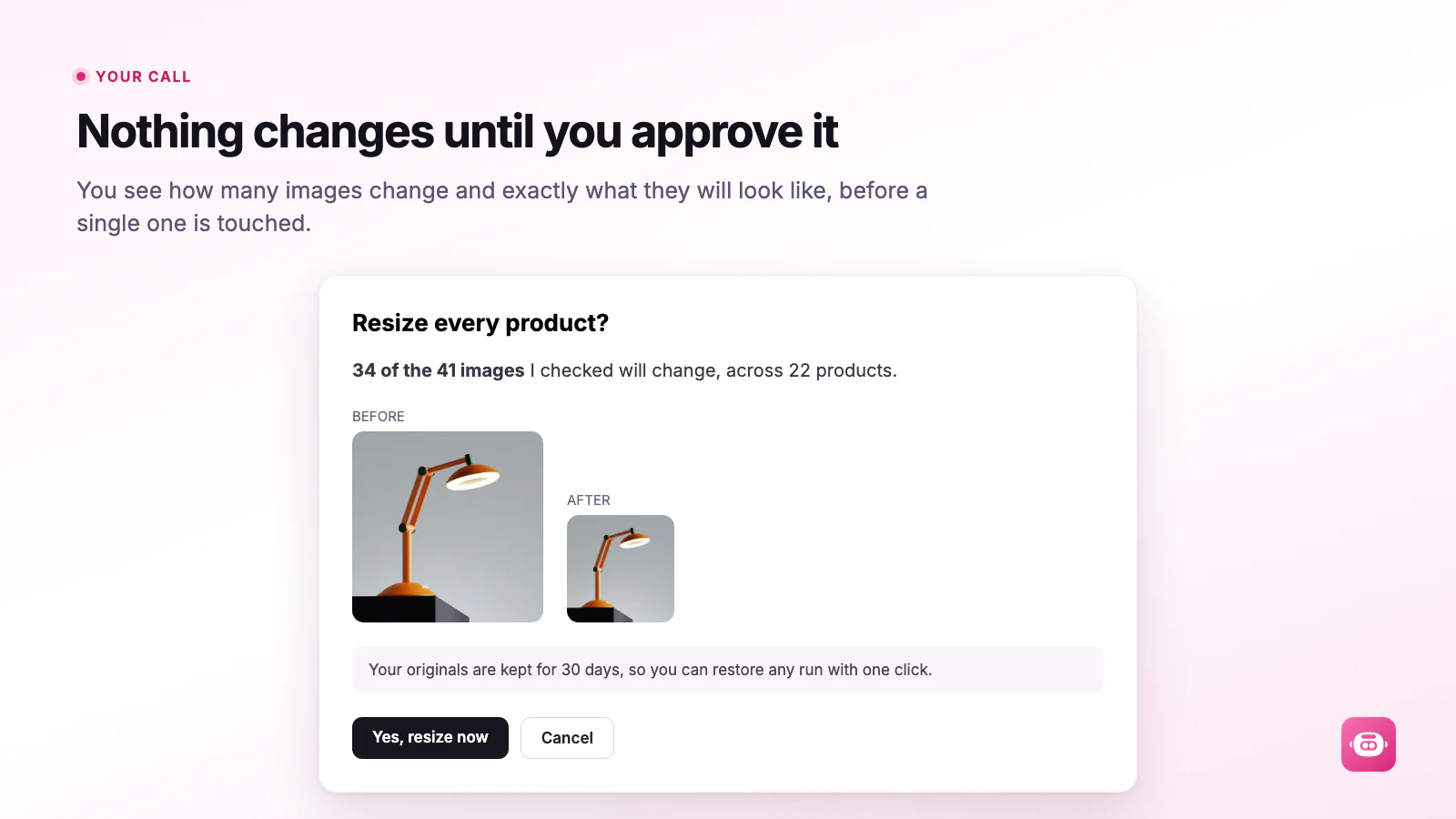 The Miko Bulk Image Resizer approval step, showing exactly how many images will change and what it will cost before the run starts