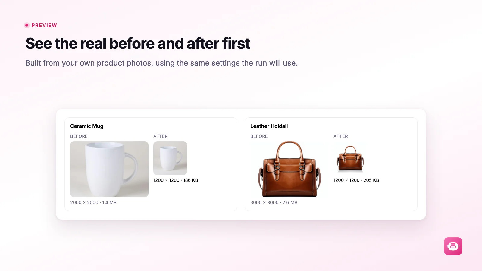 A Miko Bulk Image Resizer preview built from the merchant's own product photos, showing each image before and after with its dimensions and file size