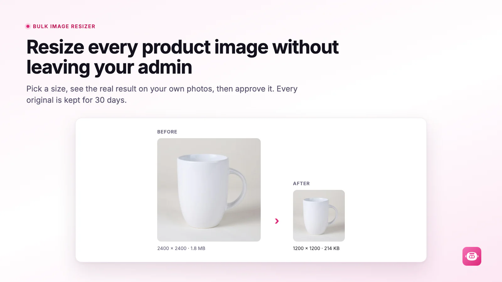 Miko Bulk Image Resizer showing a product photo before and after resizing, with the dimensions and file size of each