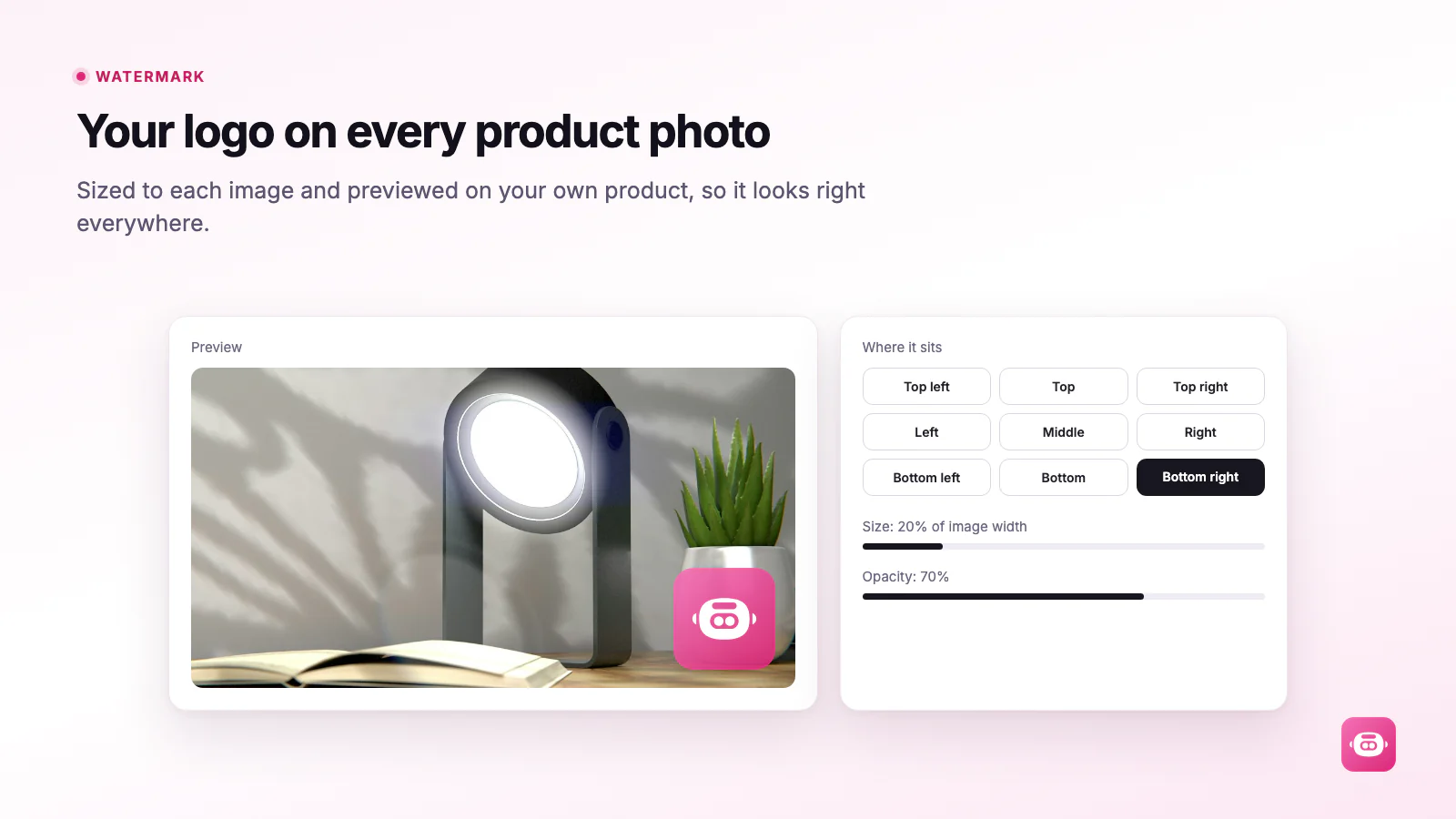 Miko Bulk Image Resizer applying a watermark to product images with a preview of the placement