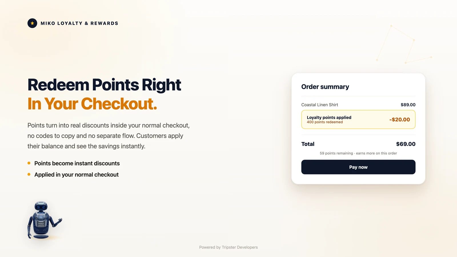 Miko Loyalty and Rewards, points redemption inside the Shopify checkout