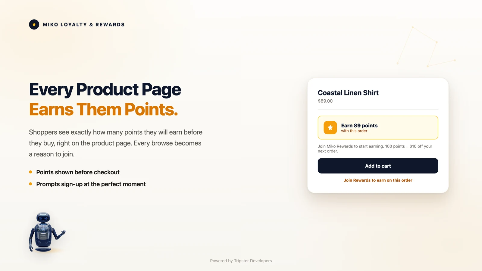 Miko Loyalty and Rewards, show the points a customer earns on every product page