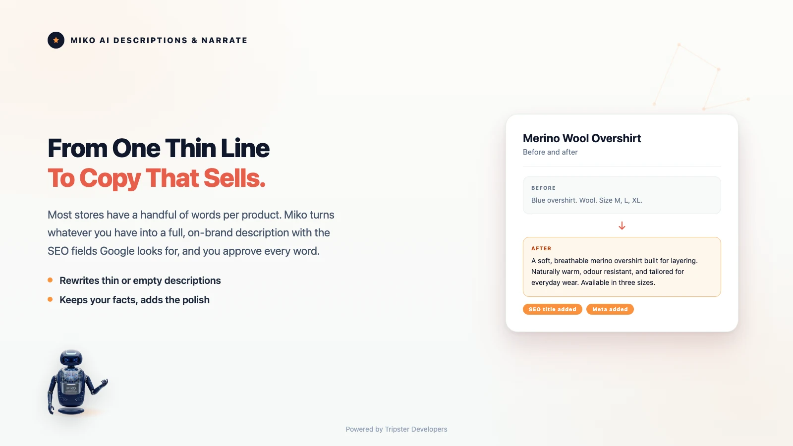 Miko turning a one-line product description into full, on-brand copy with SEO fields