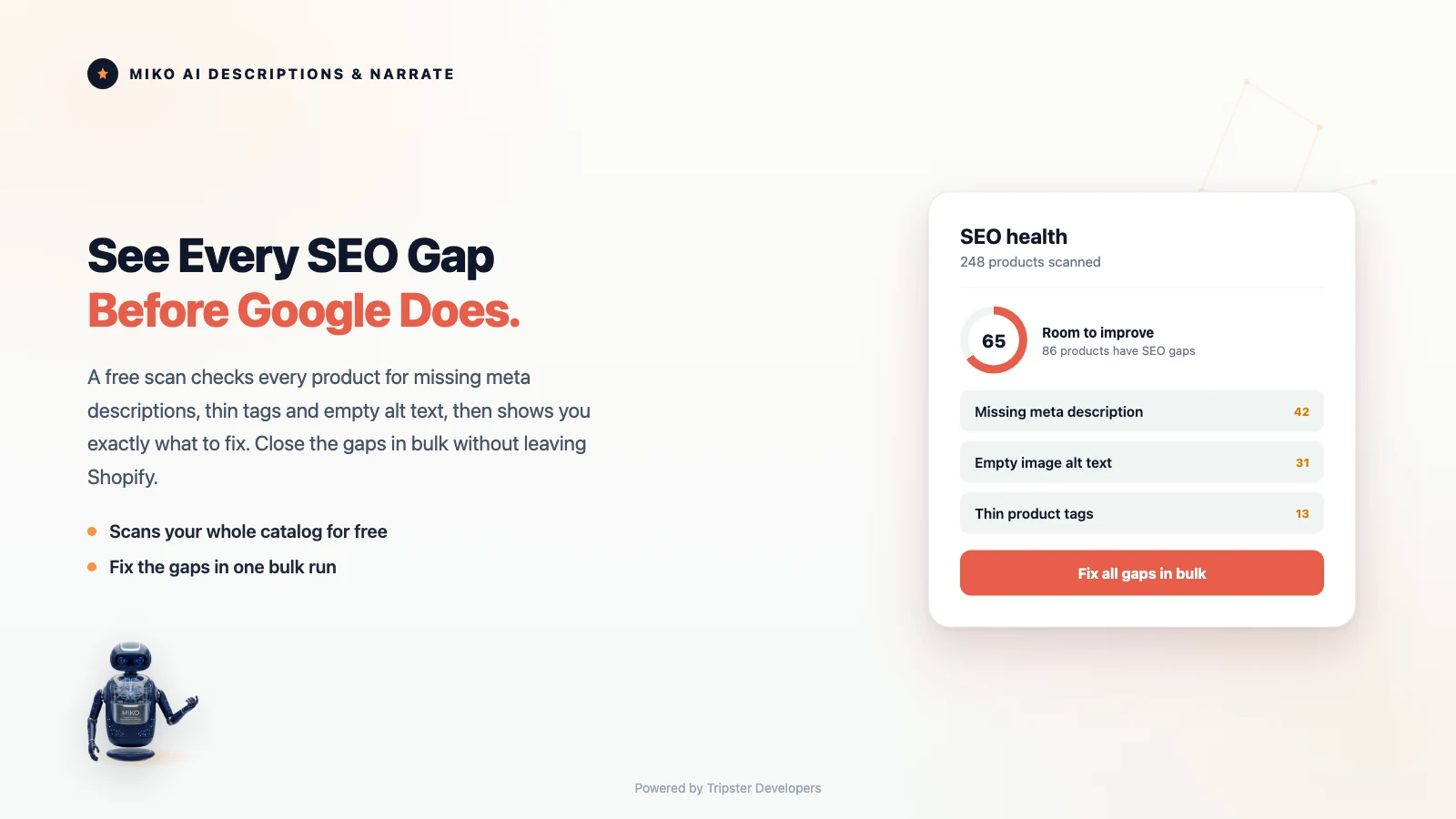 Miko SEO gap finder showing missing meta descriptions, alt text and tags