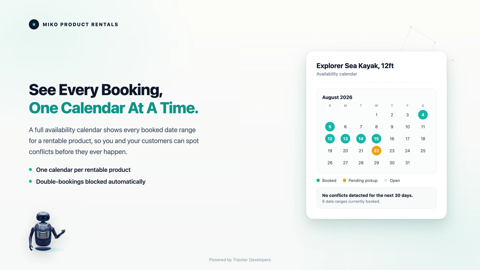 Miko Product Rentals, a booking calendar that shows what is out and what is coming back