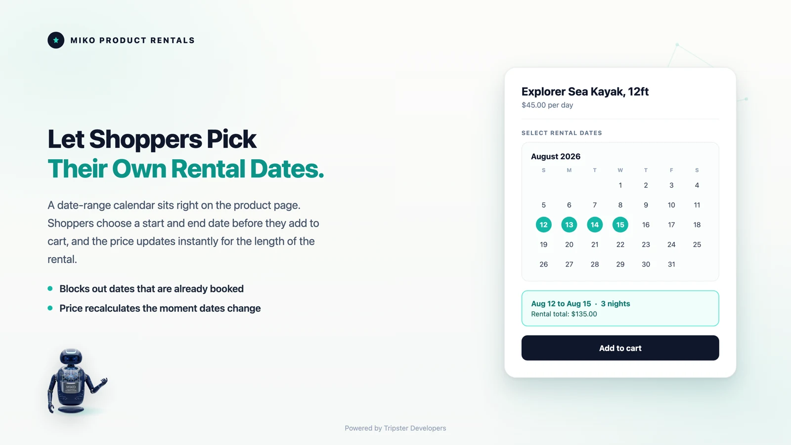Miko Product Rentals, add a rental date picker to any Shopify product