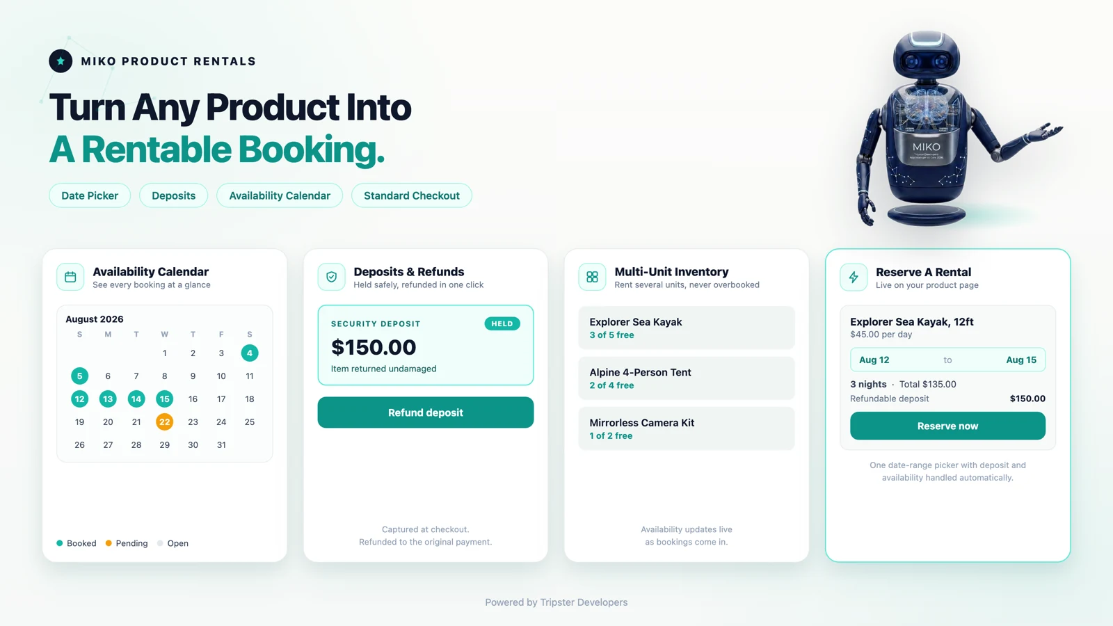 Miko Product Rentals, booking calendar and multi-unit rental inventory inside Shopify