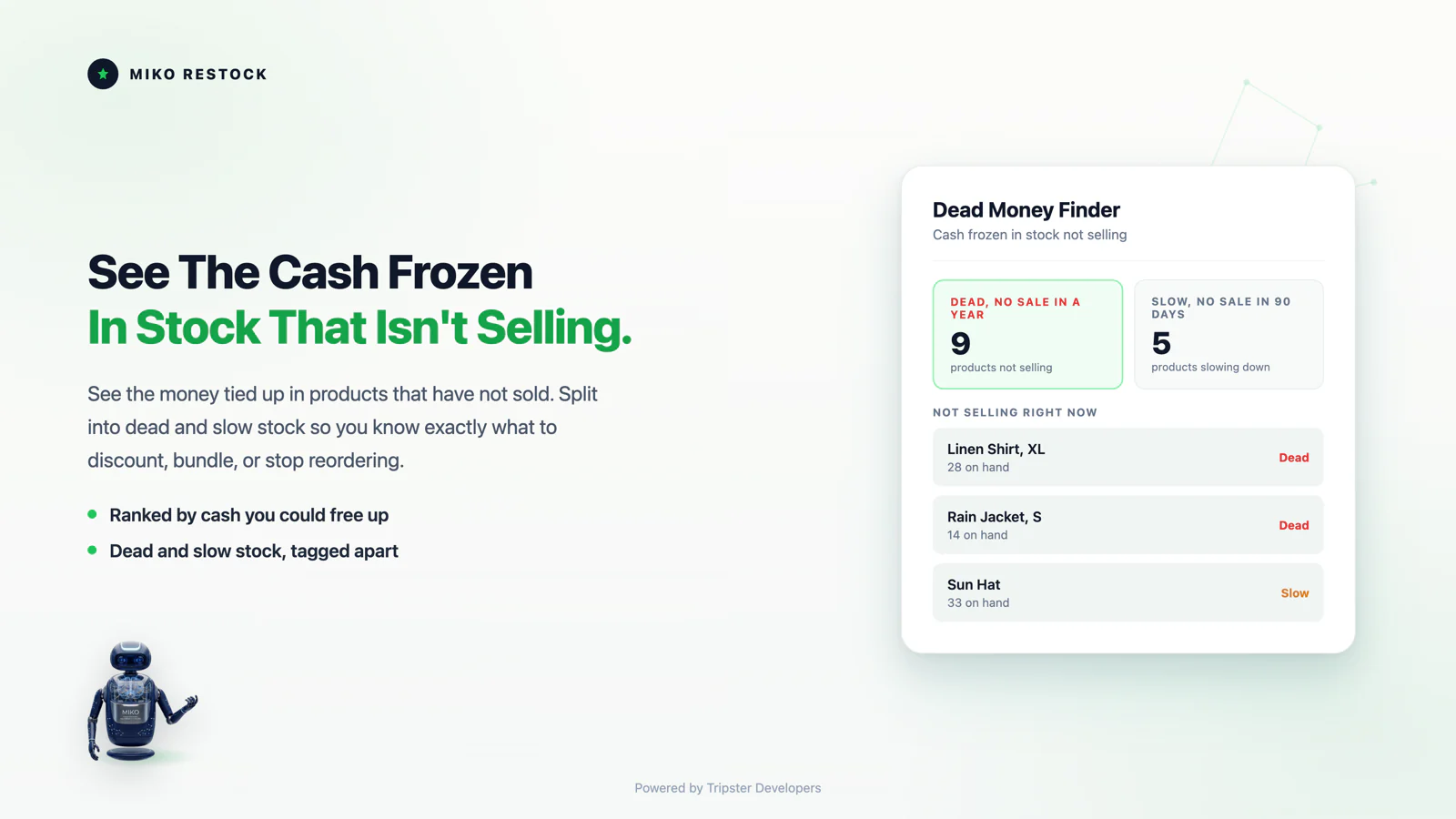 The Miko Restock dead money finder showing the cash tied up in dead and slow moving stock, ranked by what could be freed up