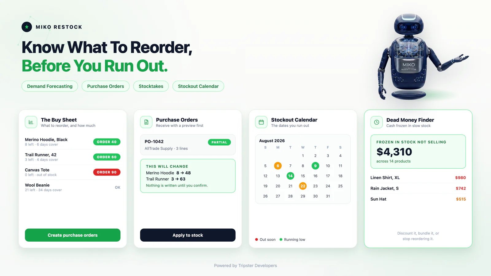 Miko Restock: Inventory and PO showing the buy sheet, purchase orders, stockout calendar and dead money finder