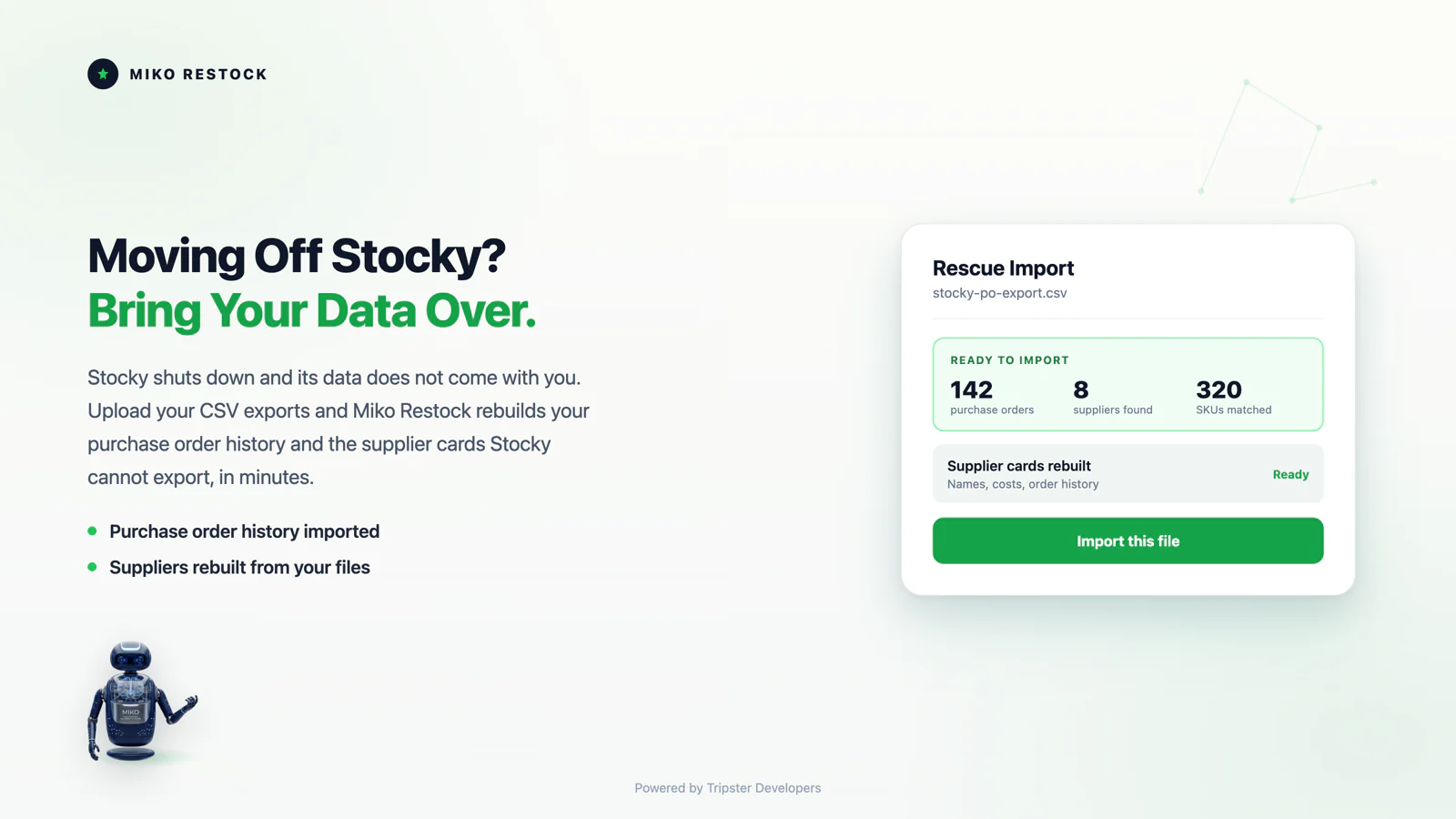 Miko Restock Rescue Import ready to import a Stocky purchase order CSV, showing the purchase orders, suppliers and SKUs it found