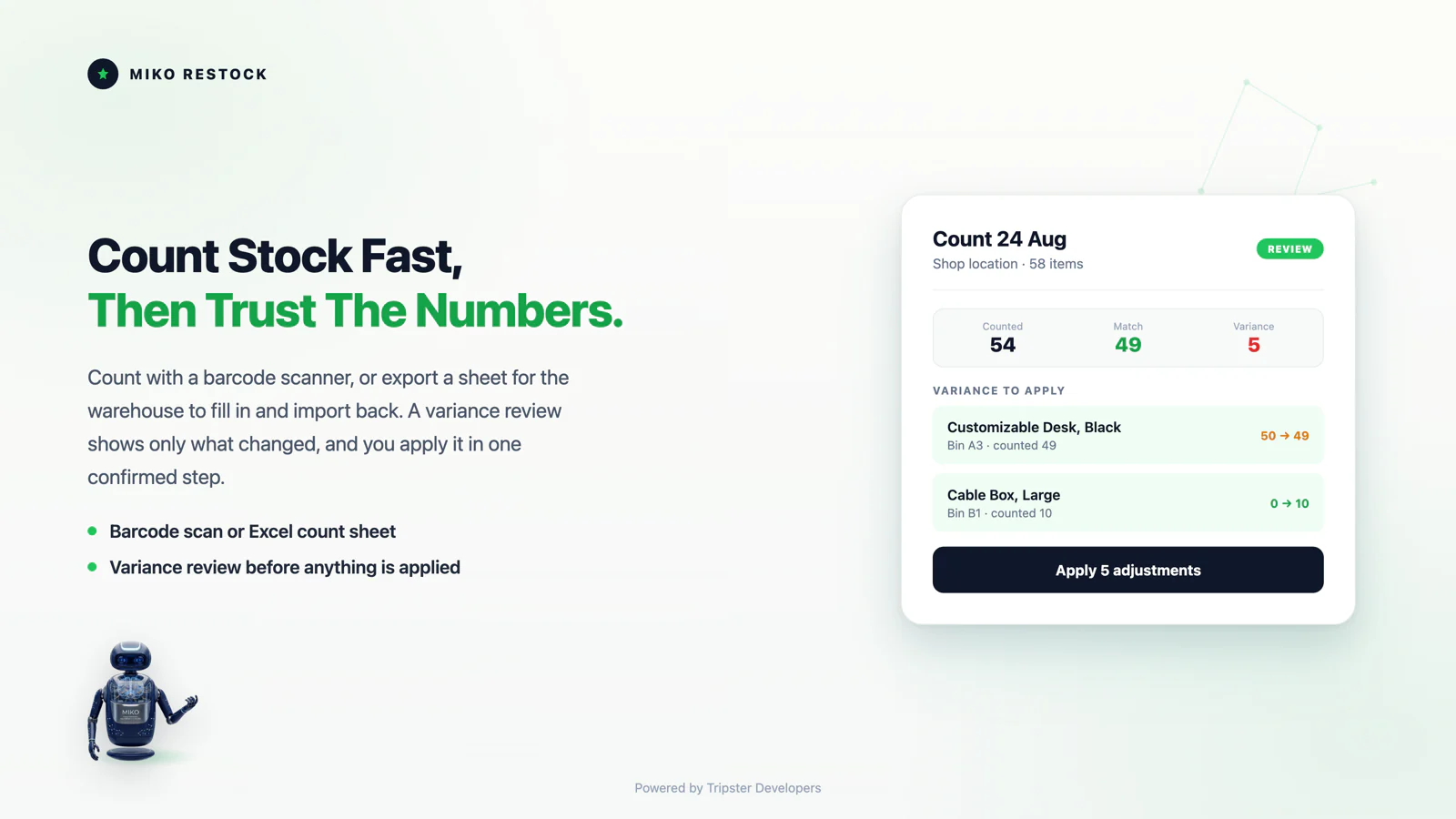 A Miko Restock stocktake in review, with counted, matched and variance totals and the adjustments to apply by bin location