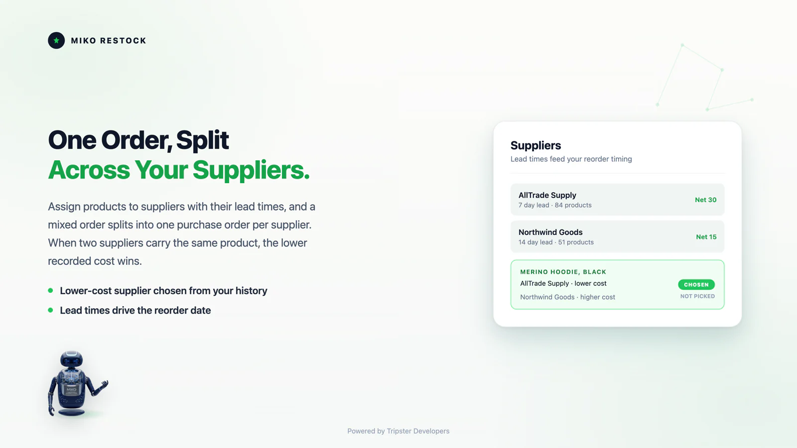 Miko Restock suppliers with their lead times and payment terms, and a mixed order split into one purchase order per supplier