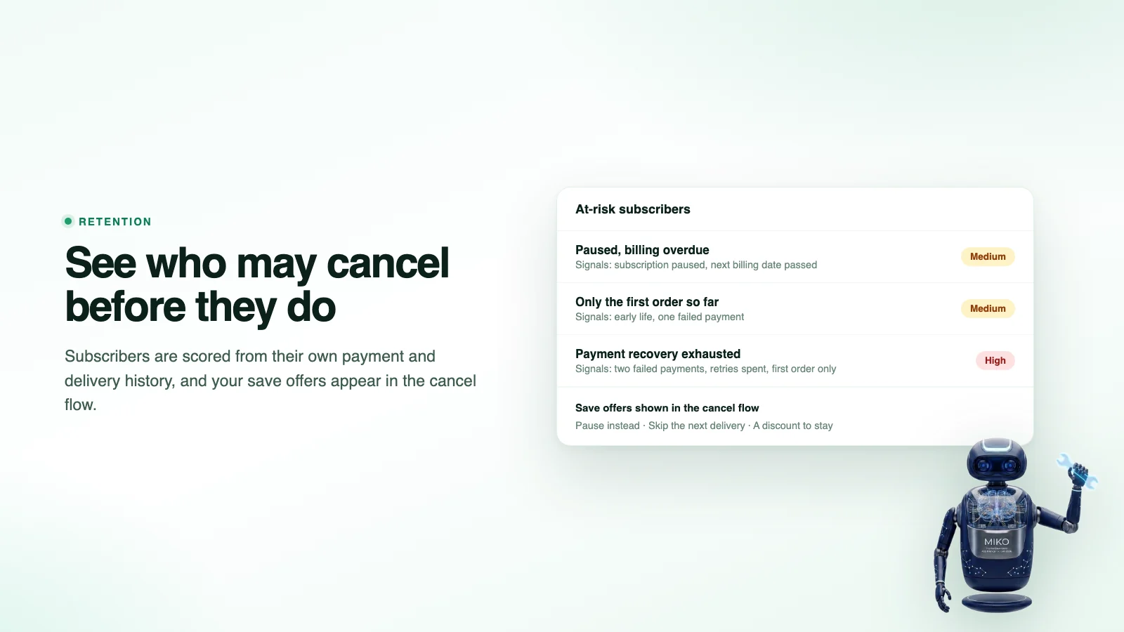 Miko Subscribe and Save, at-risk subscribers and the save offers shown in the cancel flow
