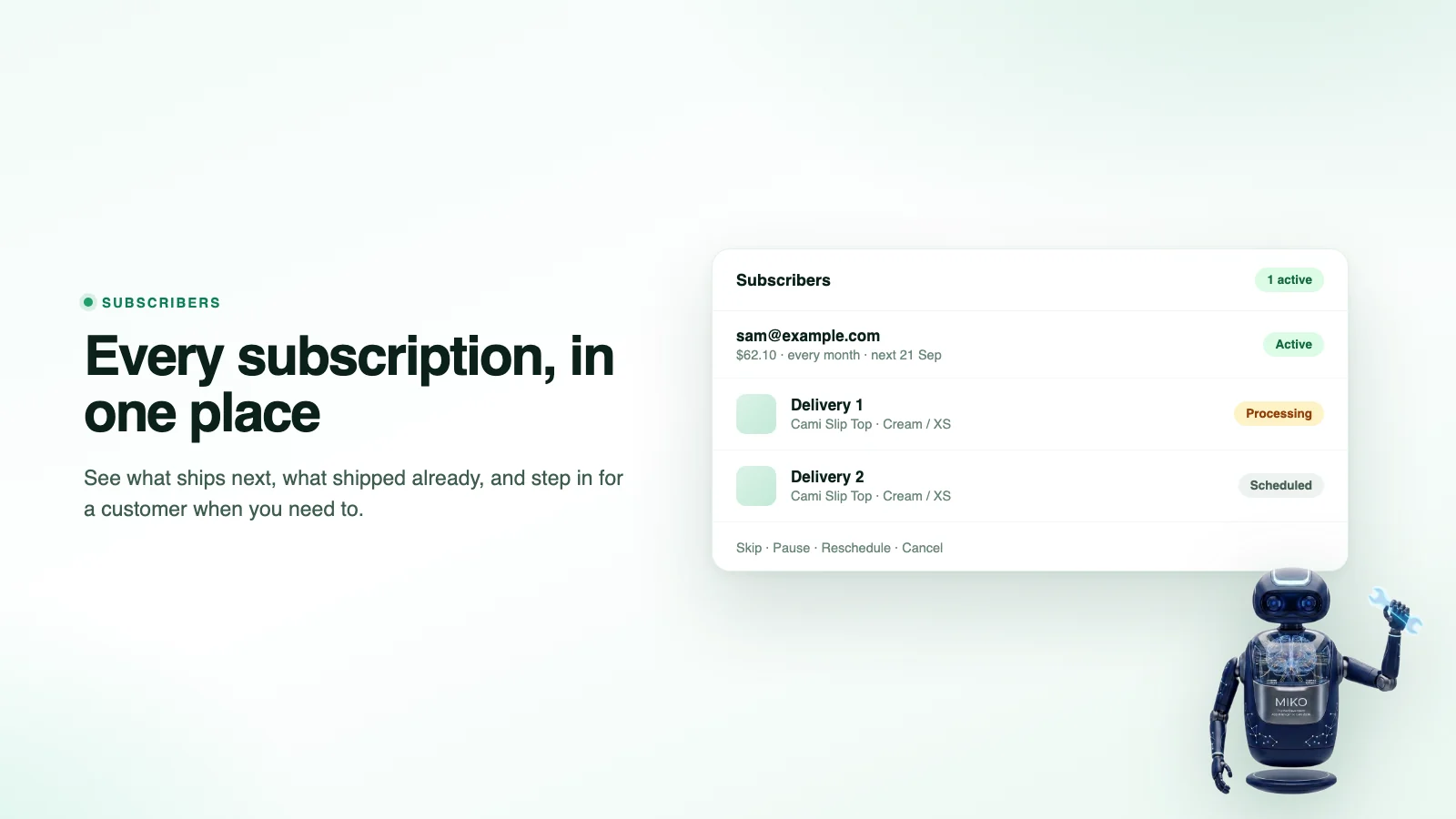 Miko Subscribe and Save, every subscription and its deliveries in one admin list