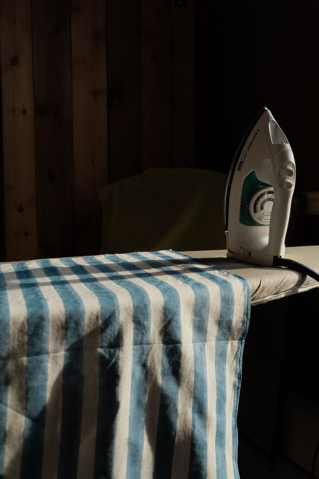 Indigo blue and white vertical striped cotton bandana by World of Crow, handwoven in India using natural dyes and traditional weaving techniques – sustainable unisex accessory for everyday wear.