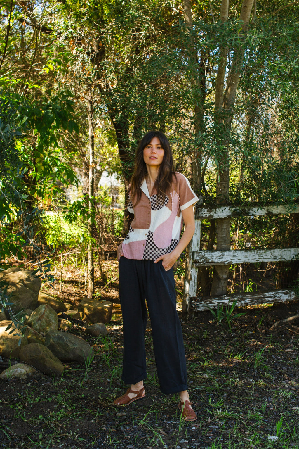 Boro-Boro shirt made with stitching together patches of different fabrics, desert colors, cotton buttons, shirt in collaboration between Erica Kim and World of Crow