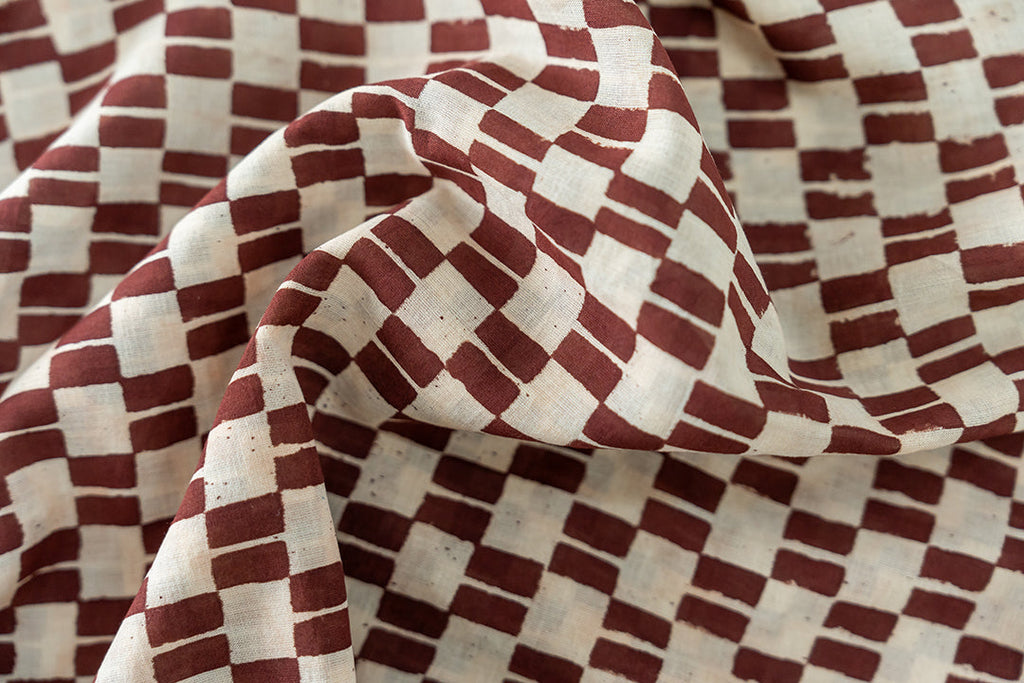 organic shorts, natural dye, handmade luxury, brown block print design, soft feel for everyday wear.