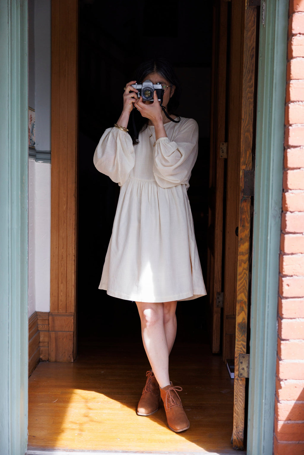 Romantic dress, day at a beach waering world of crow, Erica Kim in collaboration with World of Crow, White color dress, sustainable clothing