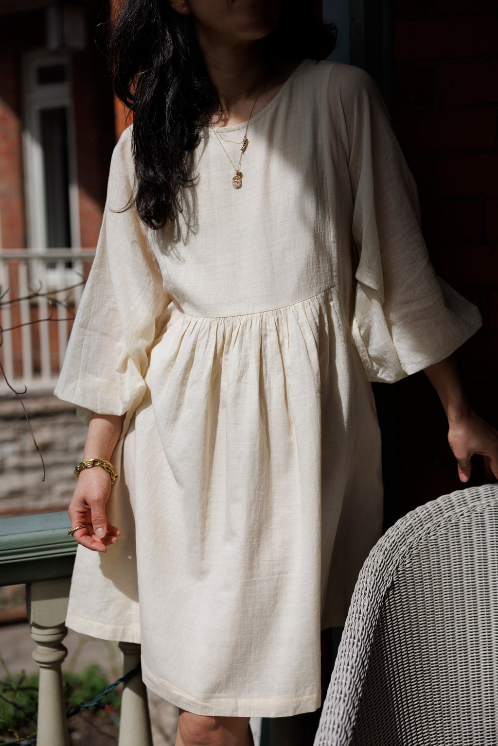Romantic dress, day at a beach waering world of crow, Erica Kim in collaboration with World of Crow, White color dress, sustainable clothing