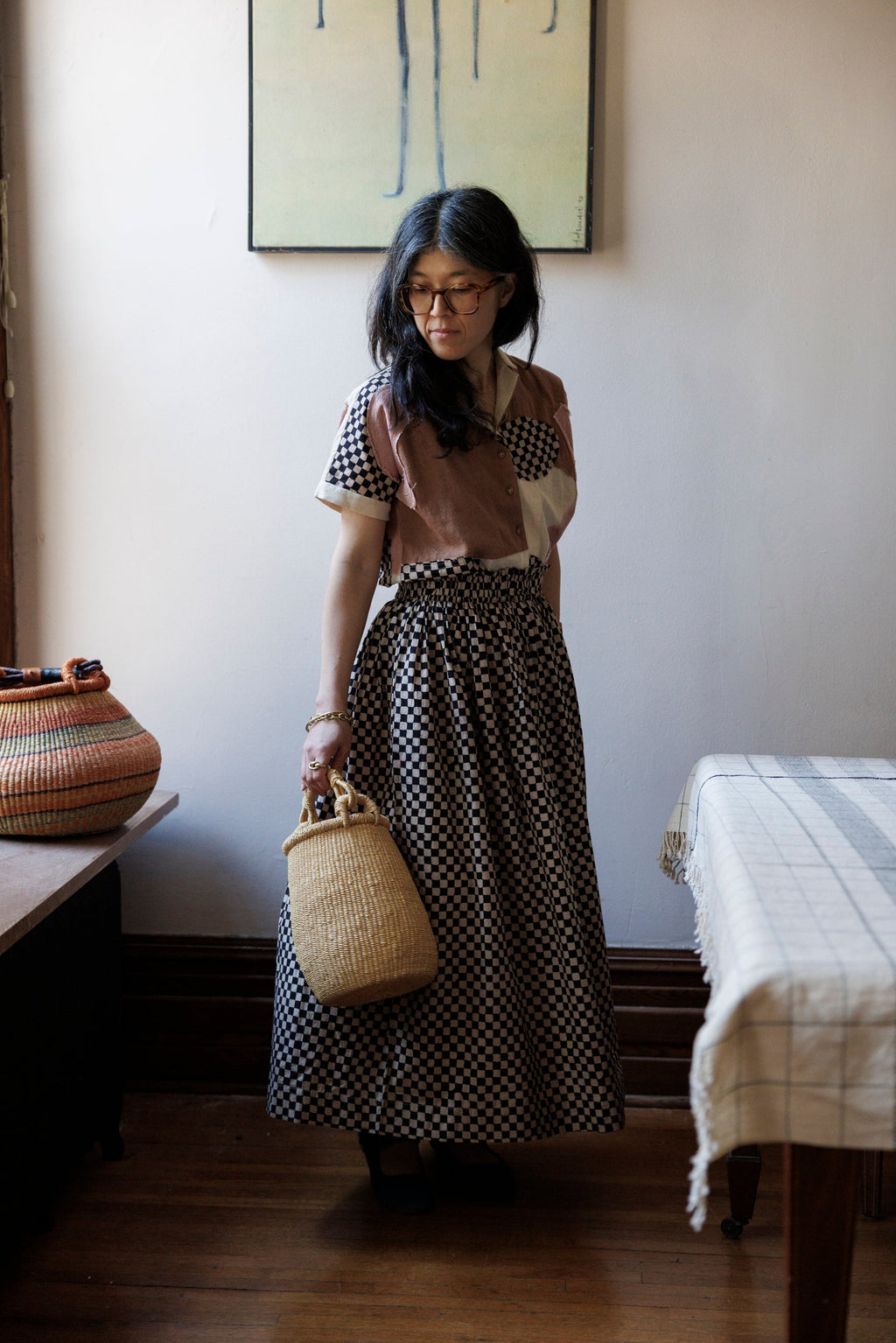 Checkered block printed, black and white skirt, ankle length, this skirt is made in collaboration between Erica Kim and World of Crow, smocked elasticated waist, sustainably made