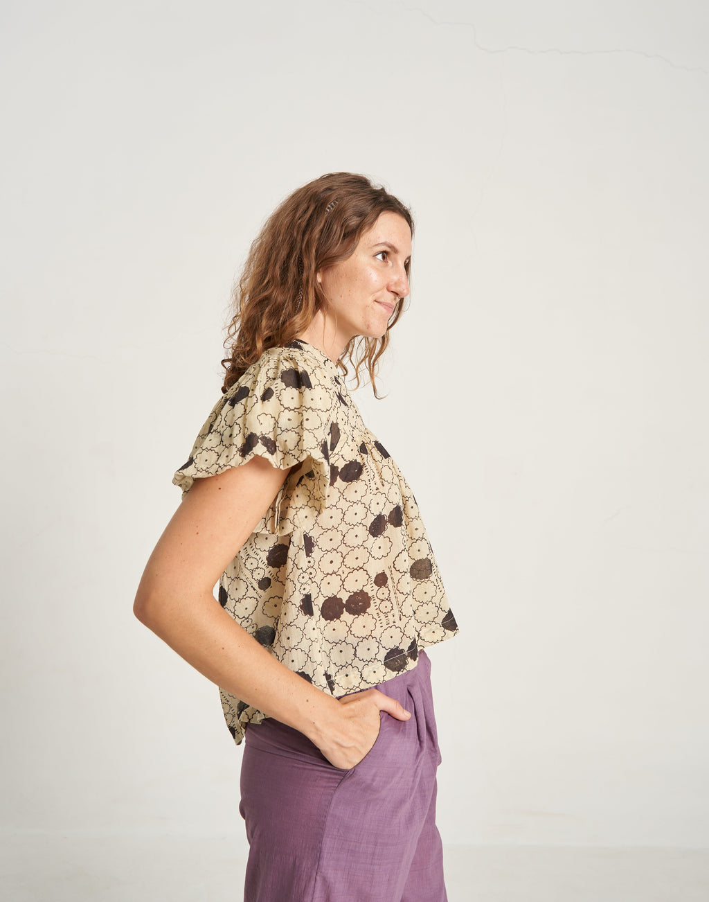 Buy Hand Woven Cotton Floral Puff Short Sleeve Top for Women At World of Crow