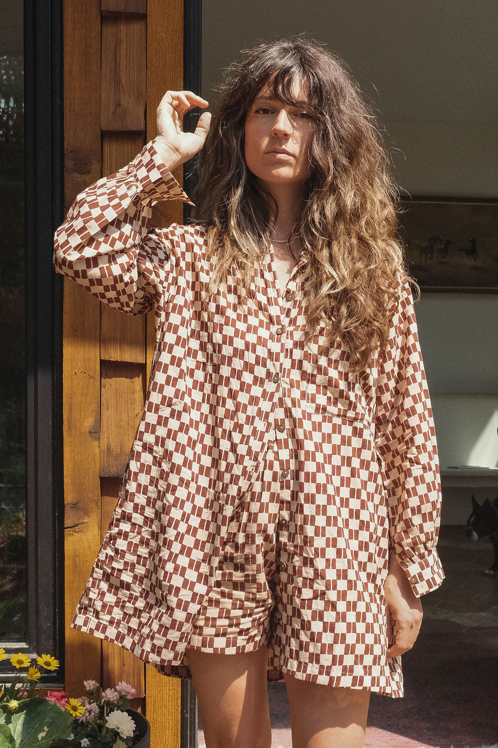 organic shorts, natural dye, handmade luxury, brown block print design, soft feel for everyday wear.