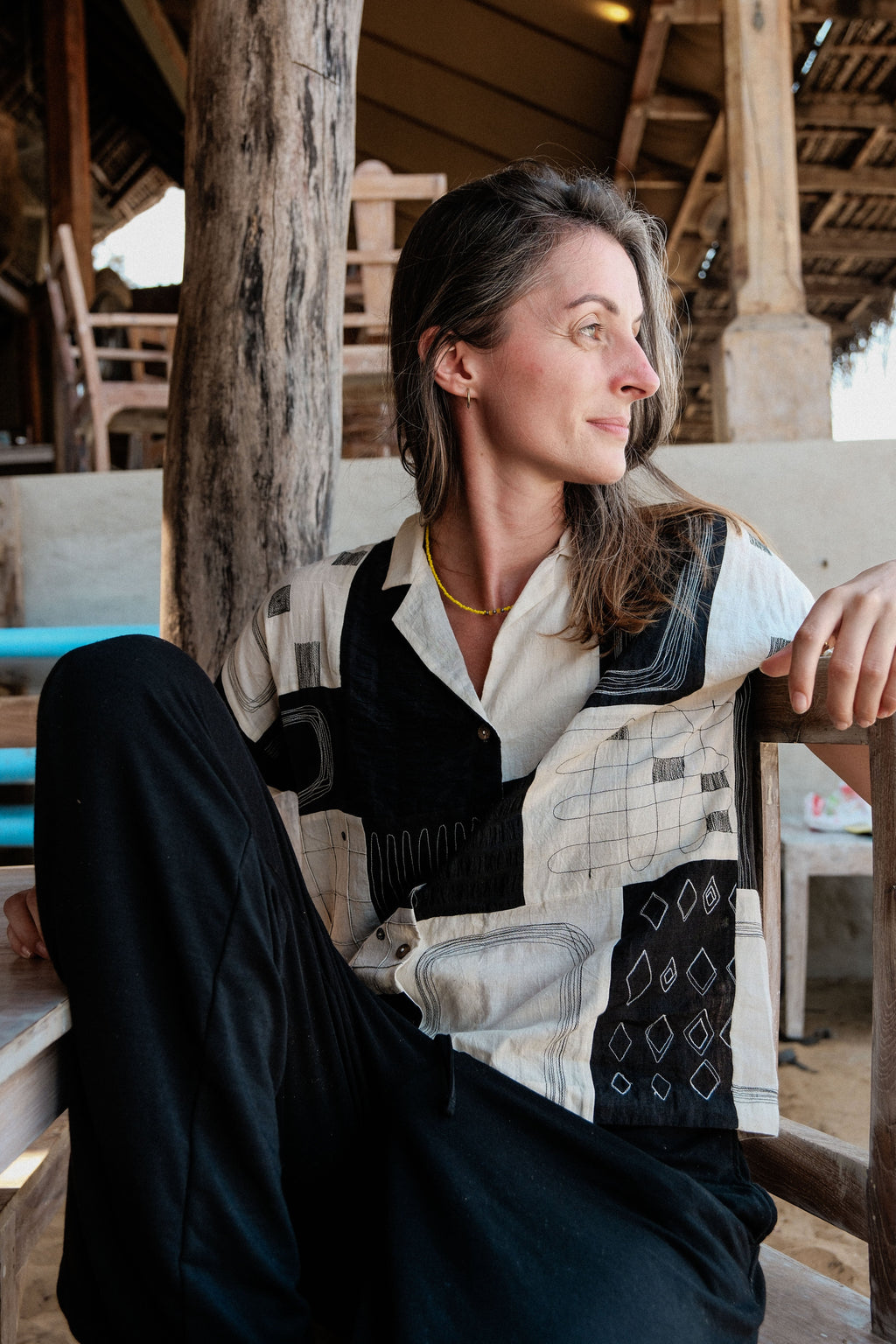 Shirt made with patchwork plus applique work, skirt in collaboration between Erica Kim @ahistoryofarchitecture and World of Crow, Summer black & white shirt