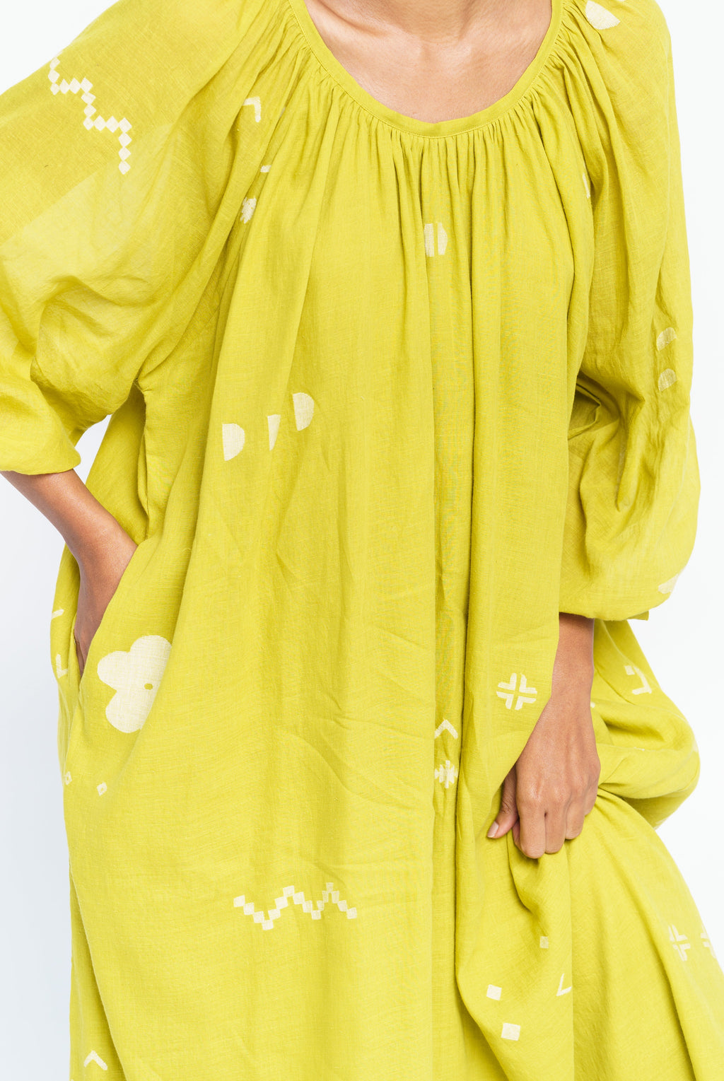 Ochre scoop-neck gathered dress, best sustainable clothing brands, organic cotton wear, organic dresses online, cotton only clothing, cotton only clothing store, women's organic dresses, lightweight cotton women's clothing, clothing brands for minimalists, design minimalist wardrobe