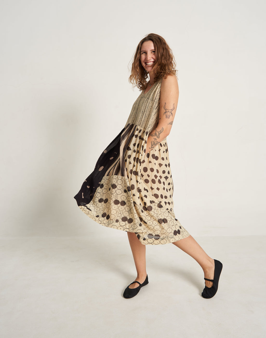 Buy Sleeveless Black And Off White Patchwork Summer Dress At World of Crow