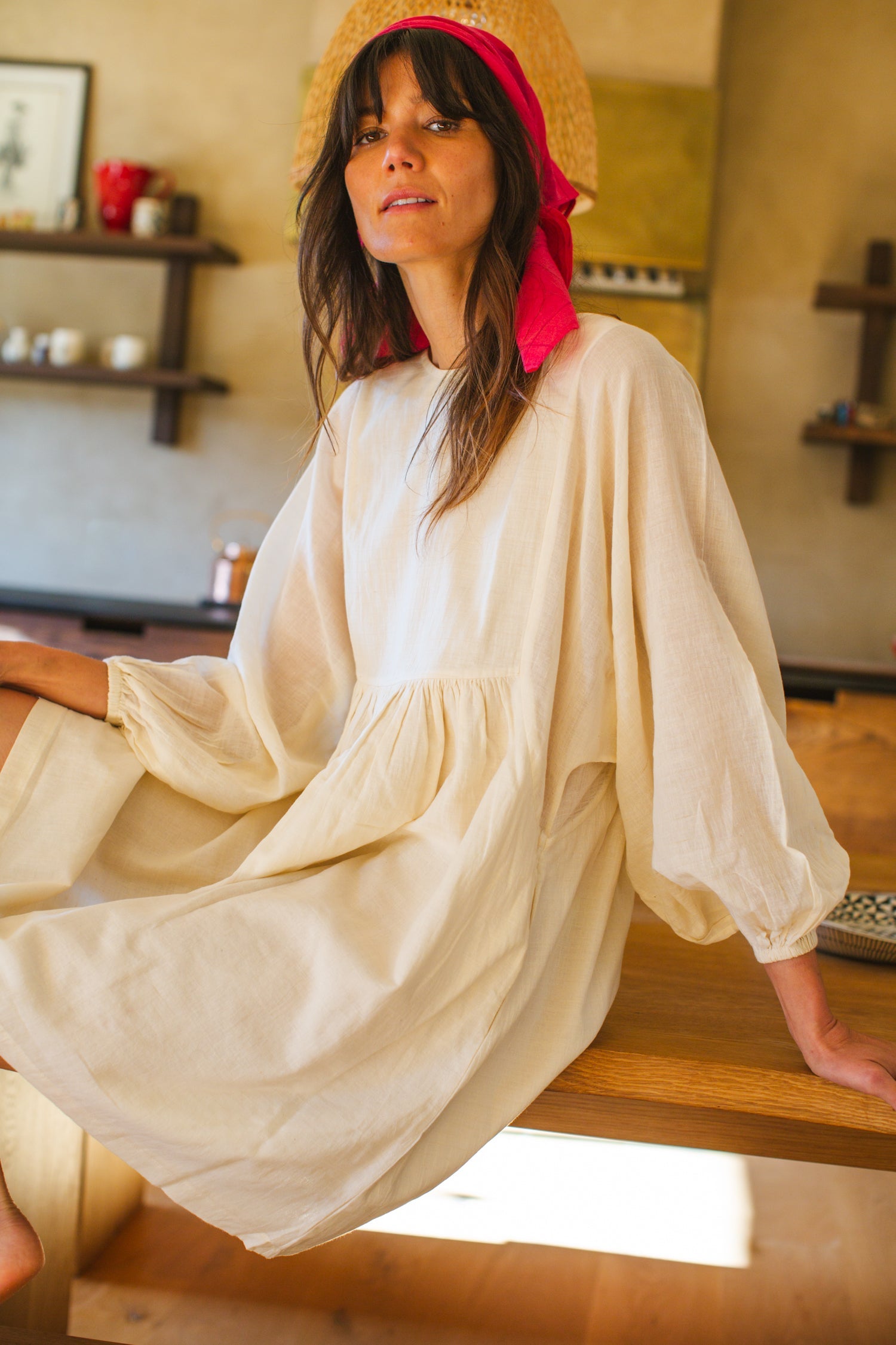 Romantic dress, day at a beach waering world of crow, Erica Kim in collaboration with World of Crow, White color dress, sustainable clothing
