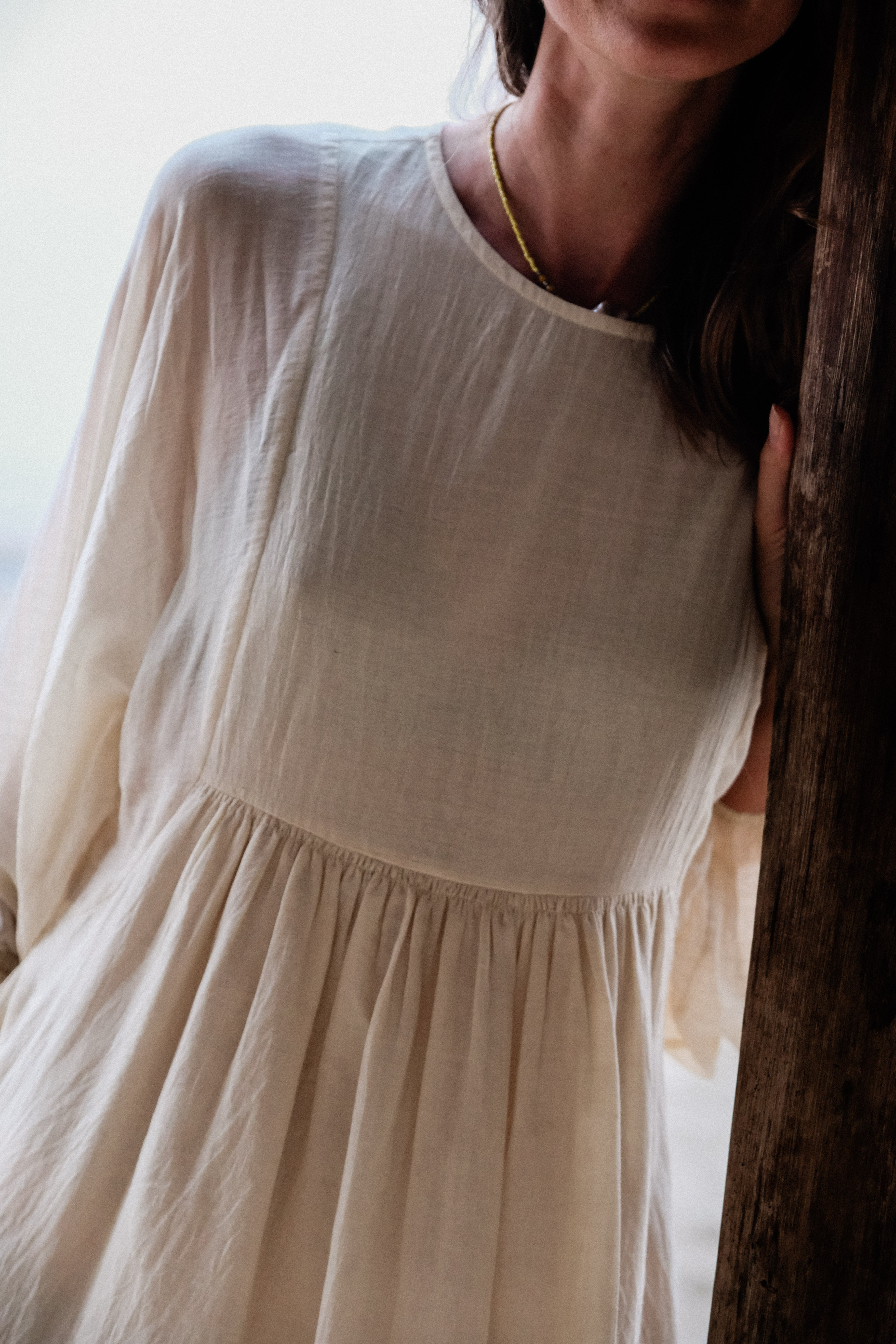 Romantic dress, day at a beach waering world of crow, Erica Kim in collaboration with World of Crow, White color dress, sustainable clothing